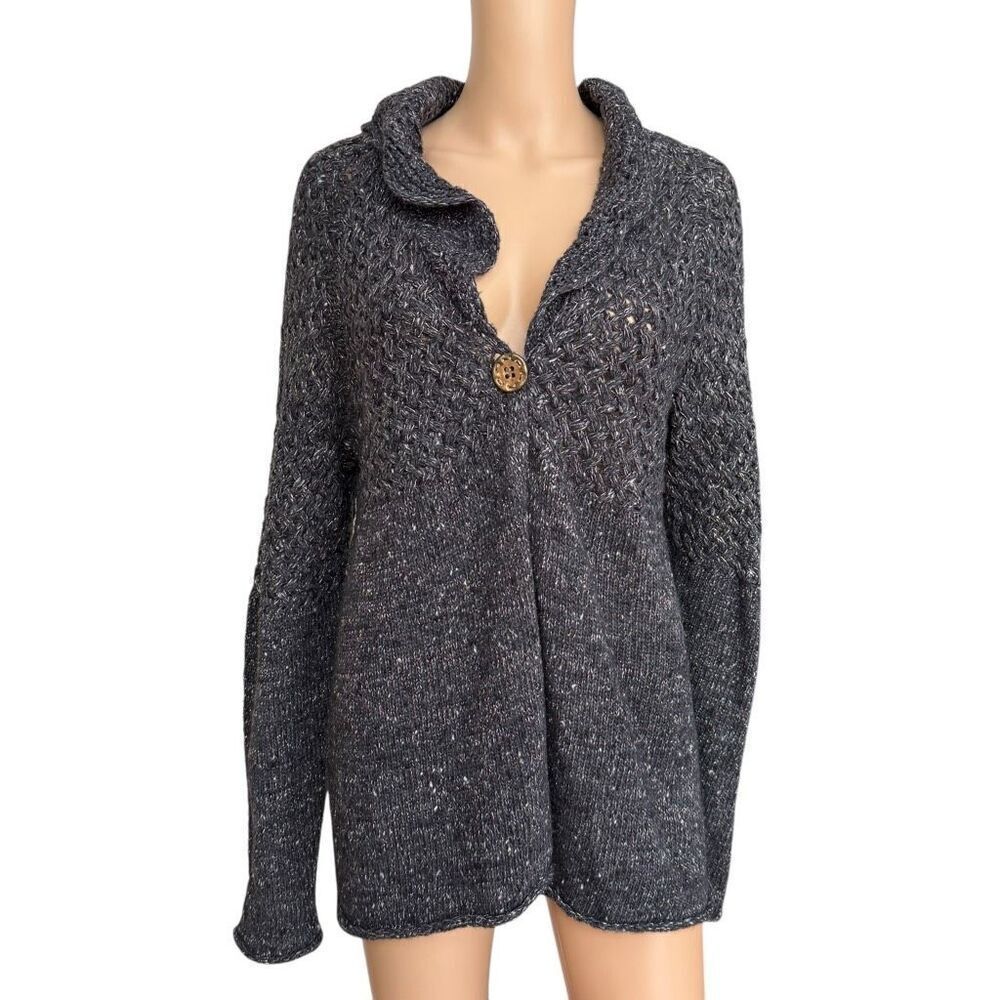CHICO'S wool blend Sweater Chunky Knit Cardigan Gray & gold Metallic Sz 2 or L